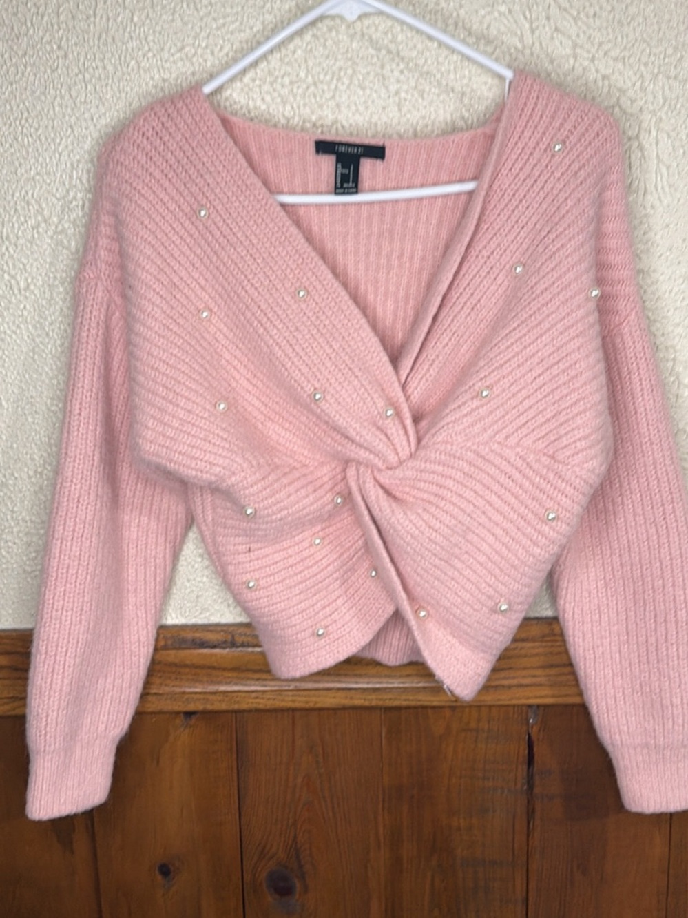 Forever 21 Blush Pink Twist-Knot Pearl-Studded V-Neck Sweater